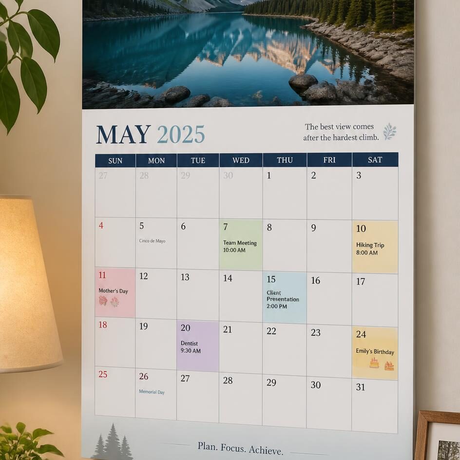 hanging wall calendar with some scheduled events marked on it